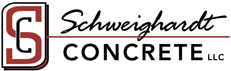 This image displays the logo for schweighardt concrete llc, featuring stylized letters "s" and "c" in red and gray, with the company name in black lettering.
